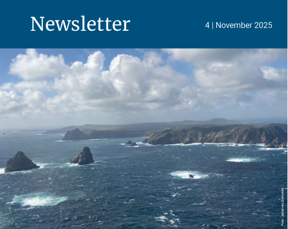 Cover image of Newsletter No. 4 in 2025. It shows a rocky coastline with rough seas, clouds in the sky, and a mountain in the background.