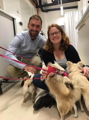 Dusan Licina, Professor am HOBEL Lab der EPFL, und Tatjana Arnoldi-Meadows, Doktorandin am Max-Planck-Institut für Chemie. Sie erforscht, wie Menschen und ihre Aktivitäten die Innenraumluft beeinflussen. Mit im Bild: Vier Chihuahuas, ein Teil der Studienteilnehmer. Künftig sollen auch andere Haustiere wie Katzen in die Untersuchungen einbezogen werden. Mann mit Bart, lächelnd, links im Bild und junge Frau mit Brille, rotbraune Haare, rechs, beide knieend. Vor ihnen: 4 Chihuahuas