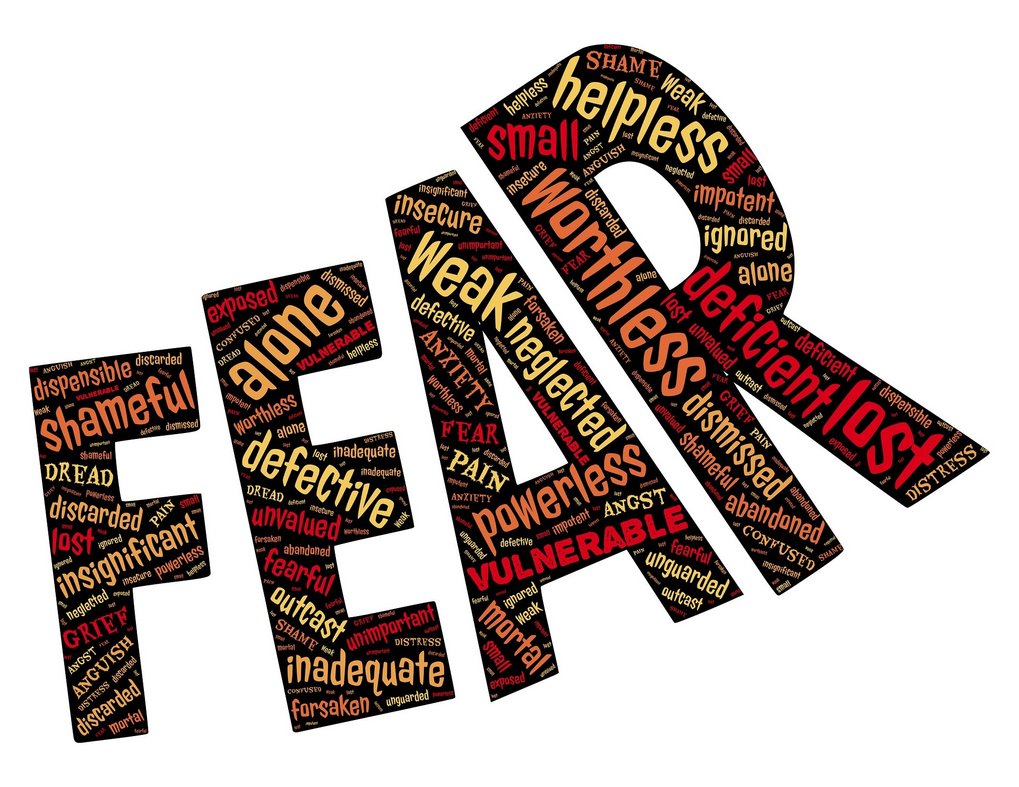 Das Wort "Fear" wird aus verschiedenen negativen Begriffen wie "hilflos", "wertlos", "einsam", "schwach" zusammengesetzt und in kräftigen Farben dargestellt.