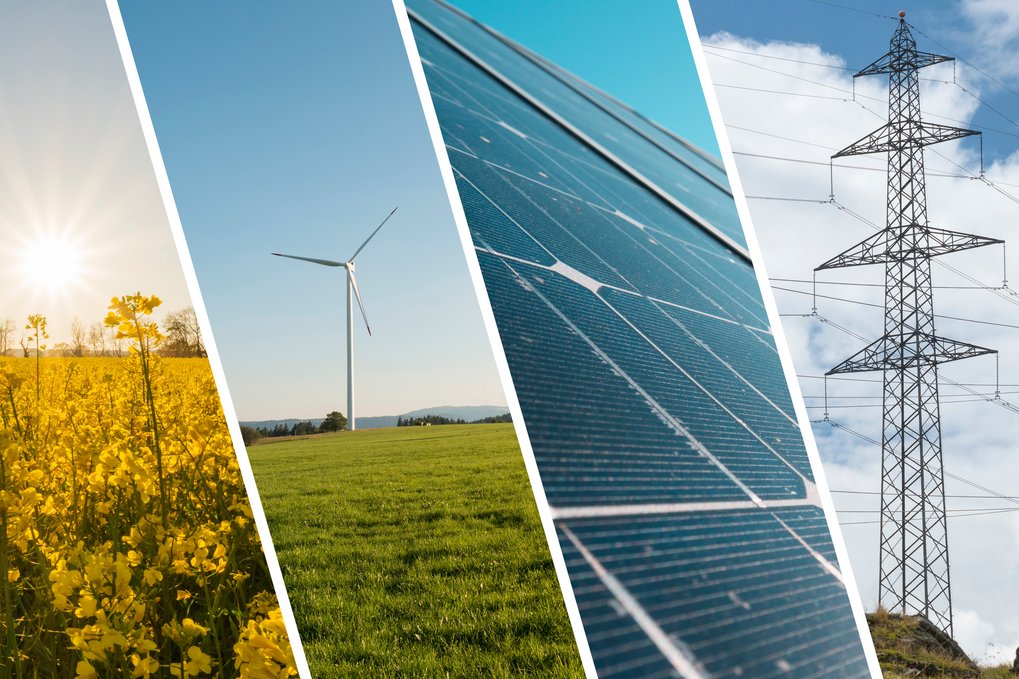 Vierteilige Darstellung mit Rapsfeld in der Sonne, Windkraftanlage auf grüner Wiese, Nahaufnahme von Solarpaneelen und Hochspannungsmast vor blauem Himmel.