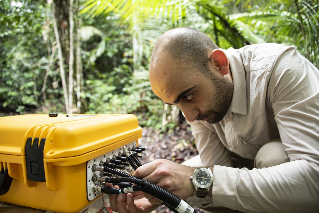 MPIC researcher Giovanni Pugliese working on the soil flux measuring system in the Amazonian rainforest.
