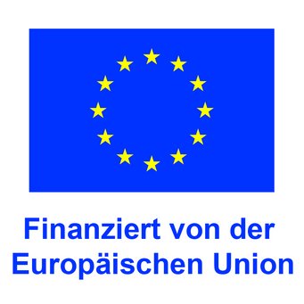 Europäische-Union-Flagge mit Text „Finanziert von der Europäischen Union“.