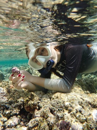 Lena Li, Erstautorin der Studie, hält eine im Roten Meer gesammelte Rhodolithenprobe in der Hand. Die frei lebenden Kalkalgenknollen dienen als natürliche Klimaarchive und ermöglichen die Rekonstruktion täglicher Meerwassertemperaturen. Junge Frau mit Taucherbrille, die einen Rhodolithen in der Hand hält