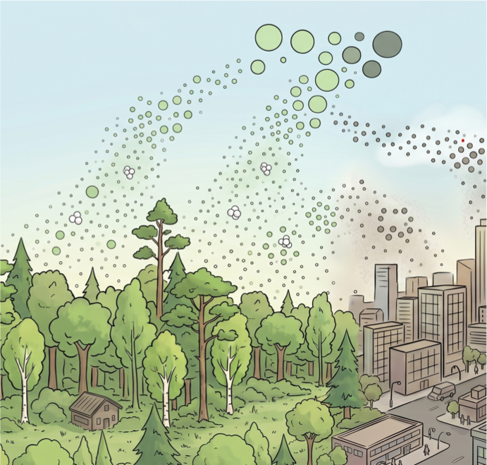Illustration zeigt einen Wald mit verschiedenen Bäumen und eine Stadt, aus der Partikel in die Luft entweichen.