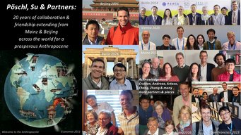 Darstellung der Motivation und der Entwicklung der erfolgreichen internationalen Zusammenarbeit zwischen Ulrich Pöschl, Hang Su und weiteren Partnern, gezeigt während der Verleihung des Fissan-Pui-TSI-Preises auf der Internationalen Aerosolkonferenz 2026. Collage mit Fotos von Personen aus verschiedenen Städten und Text über 20 Jahre Zusammenarbeit zwischen Mainz und Beijing.
